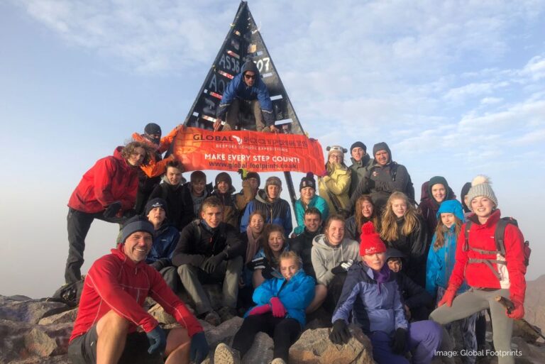 Group of students on the summit of a mountain.